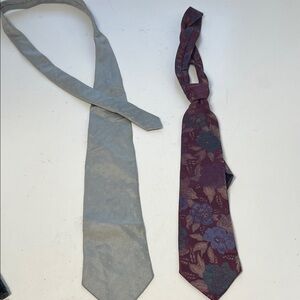 Bundle Set of 2 Vintage Satin Silk Neck Tie Floral and Grey Pattetned